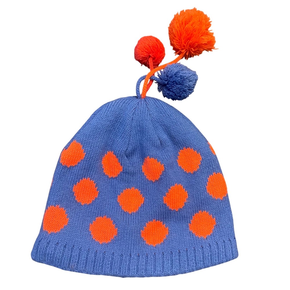 L.L. Bean Beanie Kids S/M Blue Orange Polka Dot Kidcore Fleece Lined Pom-Pom Hat